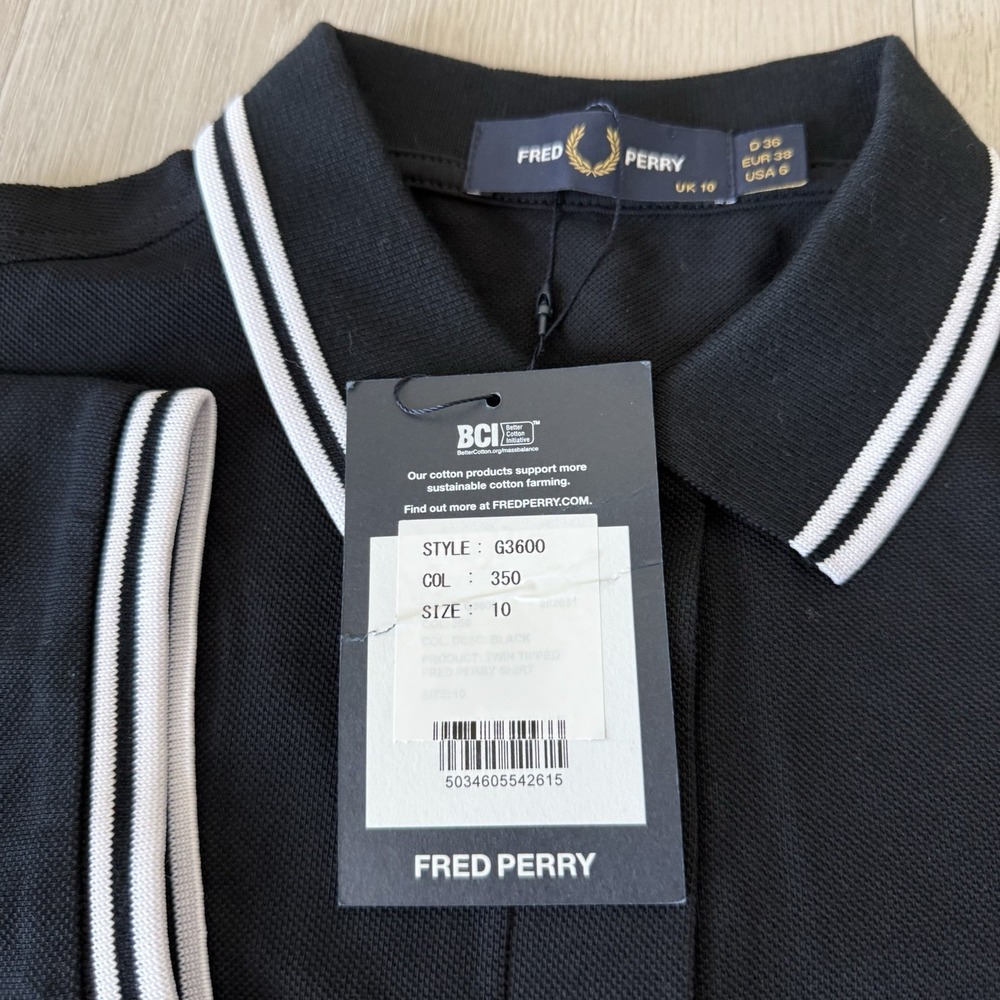 Fred Perry Twin Tipped Black Polo Shirt Women's Size UK 10 US 6 Cotton NEW - Picture 6 of 9